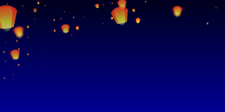 Sky lanterns floating in the night sky. Thailand holiday with paper lantern lights flying in the night sky. Sky lantern festival celebration. Vector illustration on dark blue background.のイラスト素材