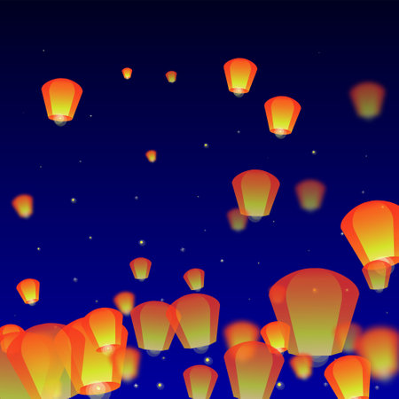 Sky lanterns floating in the night sky. Thailand holiday with paper lantern lights flying in the night sky. Sky lantern festival celebration. Vector illustration on dark blue background.のイラスト素材