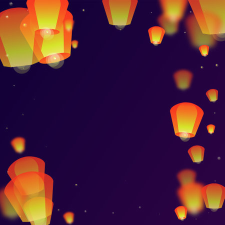 Sky lanterns floating in the night sky. Thailand holiday with paper lantern lights flying in the night sky. Sky lantern festival celebration. Vector illustration on purple gradient background.のイラスト素材
