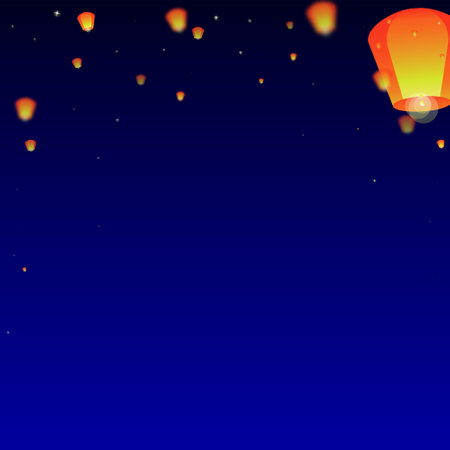 Yi peng festival card. Thailand holiday with paper lantern lights flying in the night sky. Traditional Yi Peng celebration. Vector illustration on dark blue background.のイラスト素材