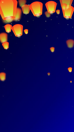 Yi peng festival card. Thailand holiday with paper lantern lights flying in the night sky....