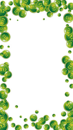 Vitamin B12 messy round pills. Beauty treatment and nutrition skin care. Wellness concept. Medical and scientific background.のイラスト素材