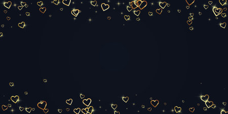 Sprinkled hearts valentine template. Gold hearts scattered on black background. Festive sprinkled hearts vector illustration.のイラスト素材
