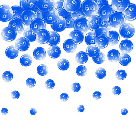 Magnesium round capsules scattered randomly. Beauty treatment and nutrition skin care. Healthy life concept. Essential vitamins vector illustration.のイラスト素材
