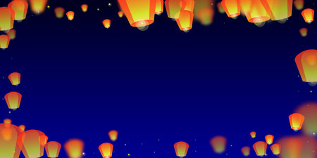 Sky lanterns floating in the night sky. Thailand holiday with paper lantern lights flying in the night sky. Sky lantern festival celebration. Vector illustration on dark blue background.のイラスト素材