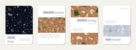 Note book cover design. Terrazzo abstract background made of natural stones, granite, quartz and marble. Venetian terrazzo texture note book template.のイラスト素材