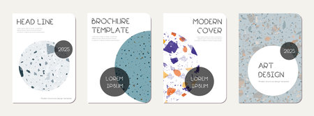 Note book cover design. Terrazzo abstract background made of natural stones, granite, quartz and marble. Venetian terrazzo texture note book template.のイラスト素材