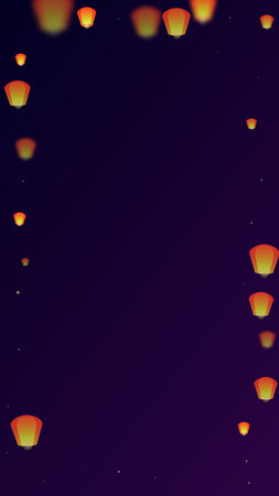 Yi peng festival card. Thailand holiday with paper lantern lights flying in the night sky. Traditional Yi Peng celebration. Vector illustration on purple gradient background.のイラスト素材