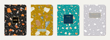 School diary cover design. Terrazzo abstract background made of natural stones, granite, quartz and...