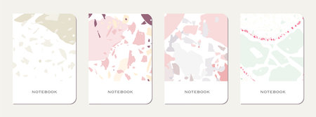 School notebook cover design. Terrazzo abstract background made of natural stones, granite, quartz and marble. Venetian terrazzo texture school notebook template.のイラスト素材