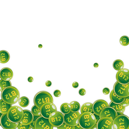 Vitamin B12 messy round pills. Beauty treatment and nutrition skin care. Medical and scientific background. Healthy life concept.のイラスト素材