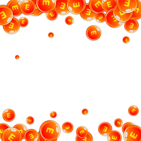 Vitamin E round capsules scattered randomly. Beauty treatment and nutrition skin care. Healthy life concept. Essential vitamins vector illustration.のイラスト素材