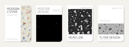Note book cover design. Terrazzo abstract background made of natural stones, granite, quartz and marble. Venetian terrazzo texture note book template.のイラスト素材