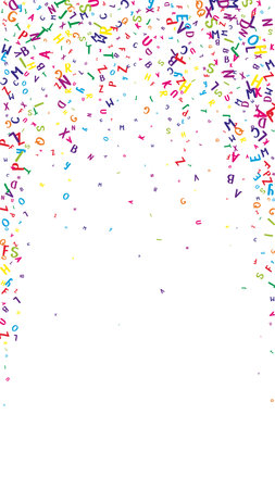 Scattered letters of latin alphabet. Colorful childish floating characters of English language. Foreign languages study concept. Back to school banner on white background.のイラスト素材