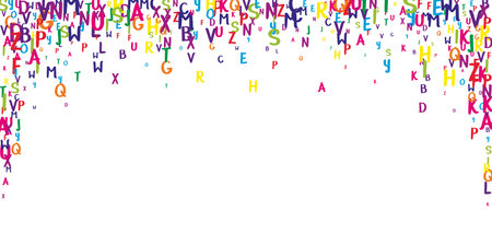 Scattered letters of latin alphabet. Colorful childish floating characters of English language. Foreign languages study concept. Back to school banner on white background.のイラスト素材