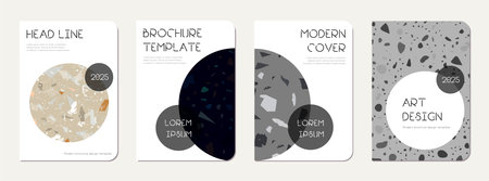 Brochure cover design. Terrazzo abstract background made of natural stones, granite, quartz and marble. Venetian terrazzo texture brochure template.のイラスト素材