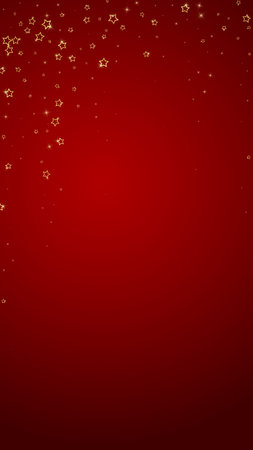 Twinkle stars scattered around randomly, flying, falling down, floating. Christmas celebration concept. Festive stars vector illustration on red background.のイラスト素材