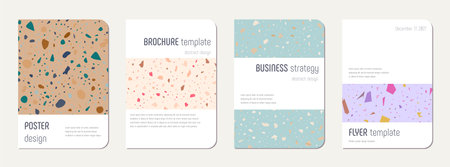 Brochure cover design. Terrazzo abstract background made of natural stones, granite, quartz and marble. Venetian terrazzo texture brochure template.のイラスト素材