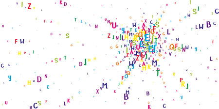 School notebook cover. Colorful childish floating letters of Latin alphabet. Foreign languages study concept. Back to school banner on white background.のイラスト素材