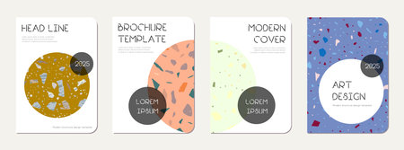 School diary cover design. Terrazzo abstract background made of natural stones, granite, quartz and marble. Venetian terrazzo texture school diary template.のイラスト素材