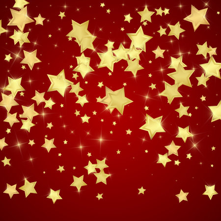 Magic stars vector overlay. Gold stars scattered around randomly, falling down, floating. Chaotic dreamy childish overlay template. Enchanting vector with magic stars on red background.のイラスト素材