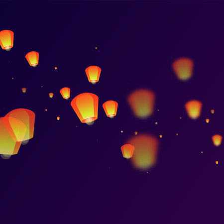 Loy krathong festival card. Thailand holiday with paper lantern lights flying in the night sky. Loy Krathong celebration. Vector illustration on purple gradient background.のイラスト素材