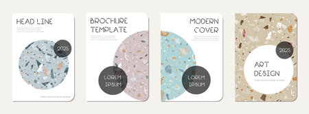 Note book cover design. Terrazzo abstract background made of natural stones, granite, quartz and marble. Venetian terrazzo texture note book template.のイラスト素材