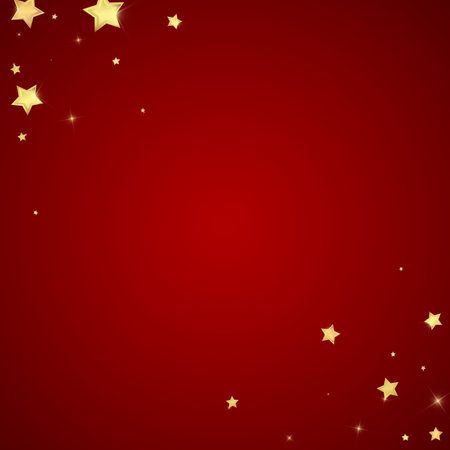 Magic stars vector overlay. Gold stars scattered around randomly, falling down, floating. Chaotic dreamy childish overlay template. Miraculous starry night vector on red background.のイラスト素材