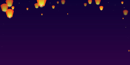 Yi peng festival card. Thailand holiday with paper lantern lights flying in the night sky. Traditional Yi Peng celebration. Vector illustration on purple gradient background.のイラスト素材