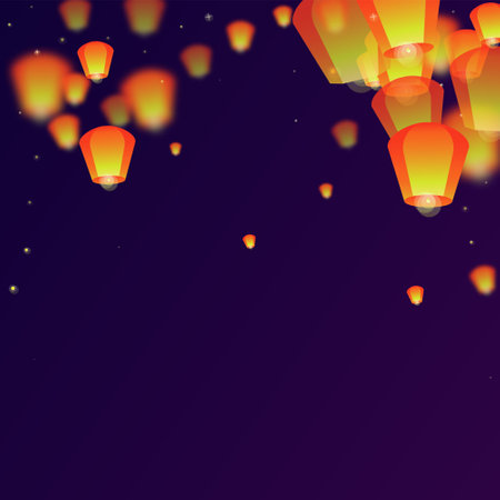 Yi peng festival card. Thailand holiday with paper lantern lights flying in the night sky. Traditional Yi Peng celebration. Vector illustration on purple gradient background.のイラスト素材