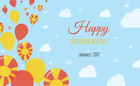 Macedonia Independence Day Sparkling Patriotic Poster. Row of Balloons in Colors of the Macedonian Flag. Greeting Card with National Flags, Blue Skyes and Clouds.のイラスト素材