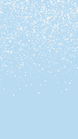 Falling snowflakes christmas background. Subtle flying snow flakes and stars on light blue winter backdrop. Beautifully falling snowflakes overlay. Vertical vector illustration.のイラスト素材