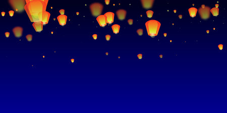 Chiang Mai celebration of Loy Krathong. Thailand holiday with paper lantern lights flying in the night sky. Chiang Mai cultural tradition. Vector illustration on dark blue background.のイラスト素材