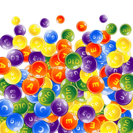 Vitamins and minerals complex. Multivitamins supplement round colorfull scattered pills. Beauty treatment and nutrition skin care. Essential vitamins vector illustration. Healthy life concept.のイラスト素材