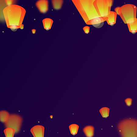Loy krathong festival card. Thailand holiday with paper lantern lights flying in the night sky. Loy Krathong celebration. Vector illustration on purple gradient background.のイラスト素材