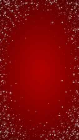Falling snowflakes christmas background. Subtle flying snow flakes and stars on christmas red background. Beautifully falling snowflakes overlay. Vertical vector illustration.のイラスト素材