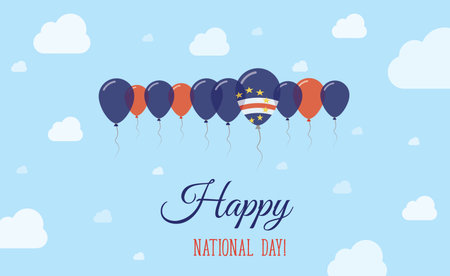 Cape Verde Independence Day Sparkling Patriotic Poster. Row of Balloons in Colors of the Cape Verdian Flag. Greeting Card with National Flags, Blue Skyes and Clouds.のイラスト素材