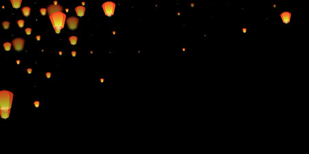 Chiang Mai celebration of Loy Krathong. Thailand holiday with paper lantern lights flying in the night sky. Chiang Mai cultural tradition. Vector illustration on black background.のイラスト素材