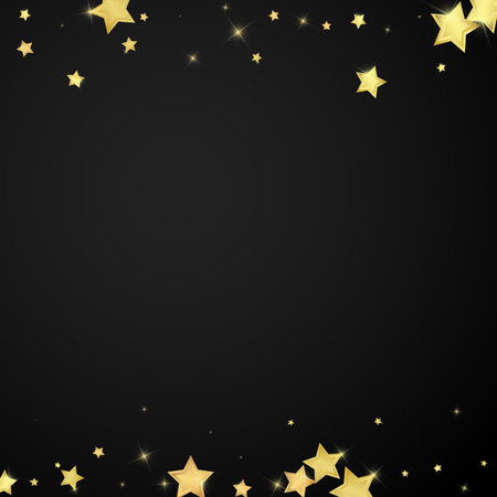 Magic stars vector overlay. Gold stars scattered around randomly, falling down, floating. Chaotic dreamy childish overlay template. Miraculous starry night vector on black background.のイラスト素材