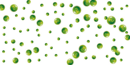 Vitamin B12 messy round pills. Beauty treatment and nutrition skin care. Essential vitamins vector illustration. Wellness concept.のイラスト素材