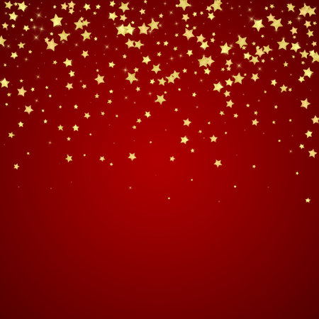 Magic stars vector overlay. Gold stars scattered around randomly, falling down, floating. Chaotic dreamy childish overlay template. on red background.のイラスト素材