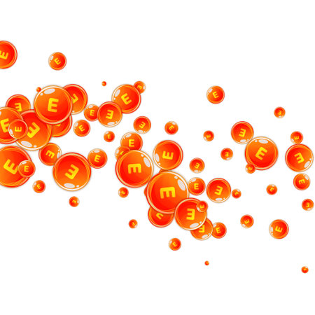 Vitamin E round capsules scattered randomly. Beauty treatment and nutrition skin care. Healthy life concept. Essential vitamins vector illustration.のイラスト素材