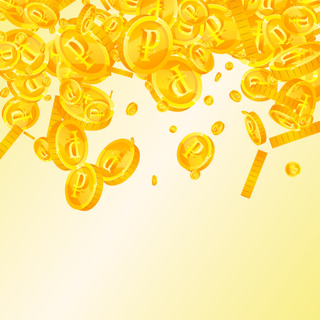 Russian ruble coins falling. Scattered gold RUB coins. Russia money. Global financial crisis concept. Square vector illustration.のイラスト素材