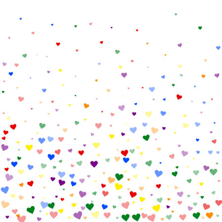 Sprinkled hearts valentine template. Rainbow colored scattered hearts. LGBT valentine card. Festive sprinkled hearts vector illustration.のイラスト素材
