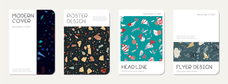 Brochure cover design. Terrazzo abstract background made of natural stones, granite, quartz and marble. Venetian terrazzo texture brochure template.のイラスト素材