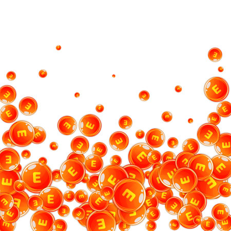 Vitamin E round capsules scattered randomly. Beauty treatment and nutrition skin care. Essential vitamins vector illustration. Wellness concept.のイラスト素材