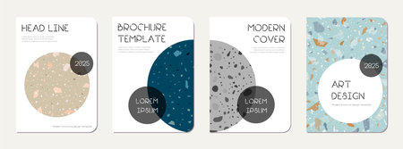 School diary cover design. Terrazzo abstract background made of natural stones, granite, quartz and marble. Venetian terrazzo texture school diary template.のイラスト素材