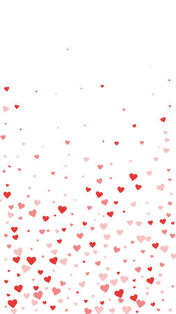 Heart confetti valentine overlay. Red hearts scattered on white background. Joyfull heart confetti vector illustrationのイラスト素材