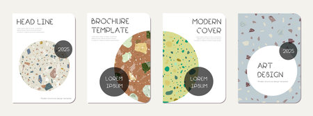 School notebook cover design. Terrazzo abstract background made of natural stones, granite, quartz...