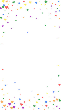 Falling hearts valentine card template. Rainbow colored scattered hearts. LGBT valentine card. Chaotic falling hearts vector illustration.のイラスト素材